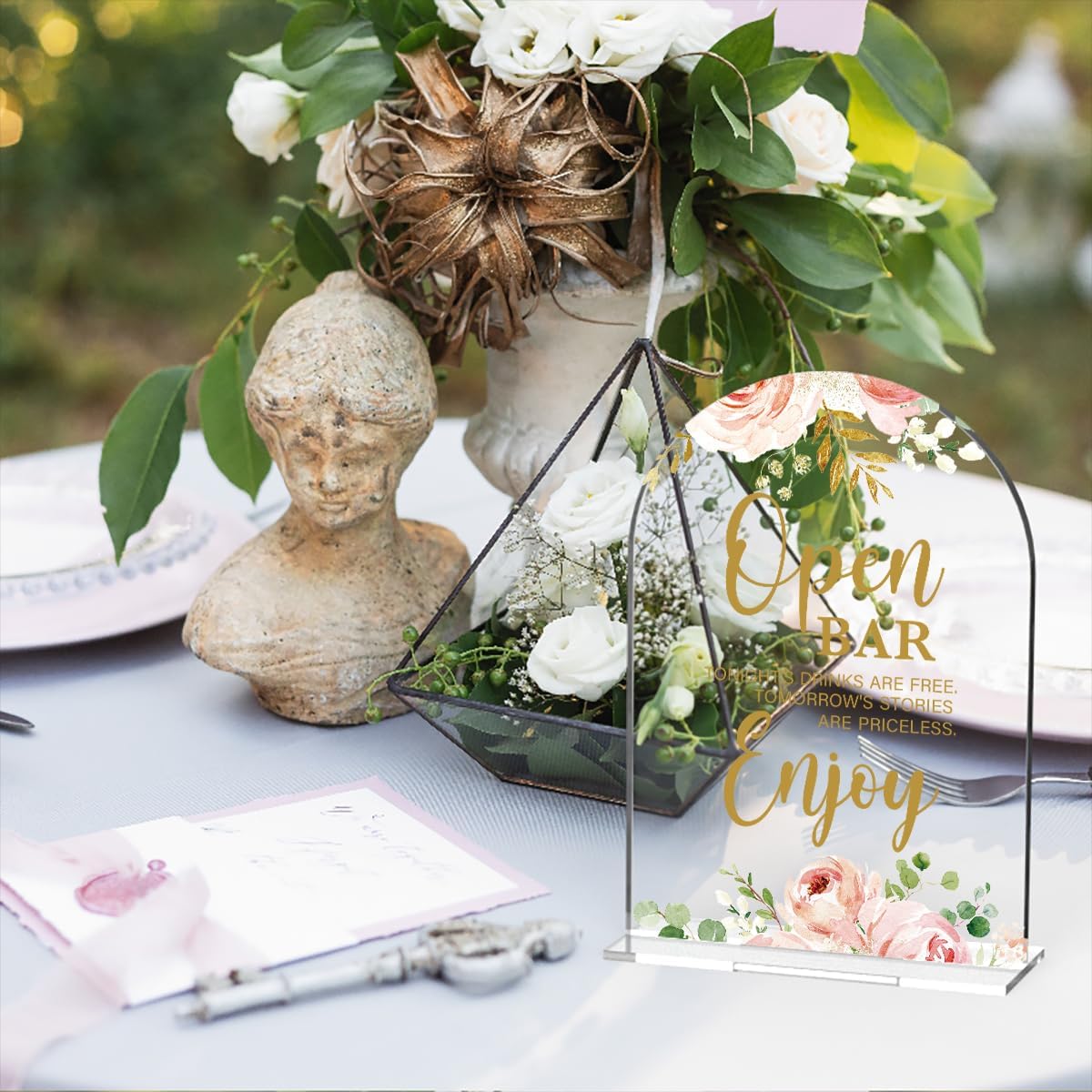 Acrylic Wedding Signs, Bridal Shower Decorations, Open Bar Signs for Reception, Modern Calligraphy Arch Acrylic Table Top Sign for Wedding Reception and Engagement Parties (Clear Pink Flowers)