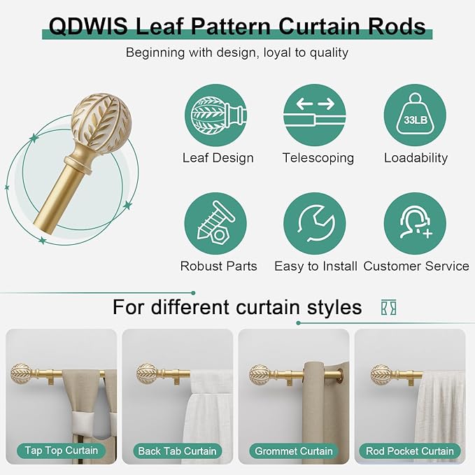 QDWIS 2 Pack Gold Curtain Rods for Windows 48 to 84 inch, Rustic Decorative - Image 6