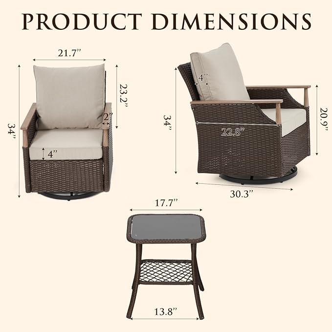 HOMREST 3 Piece Outdoor Swivel Chair Set, Wicker Patio Bistro Set - Image 2