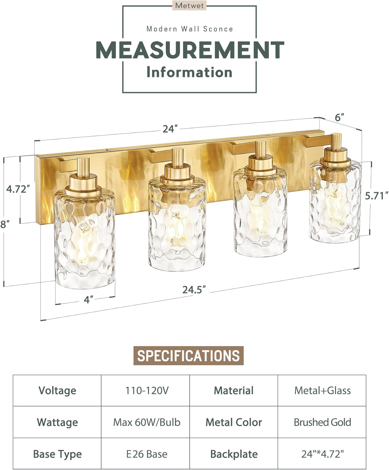 4-Light Bathroom Light Fixtures, 24.5 Inch Brushed Gold Vanity Lights with Clear Hammered Glass Cylinder Shade, Modern Vanity Lighting Fixture Over Mirror, VL198-BG-4
