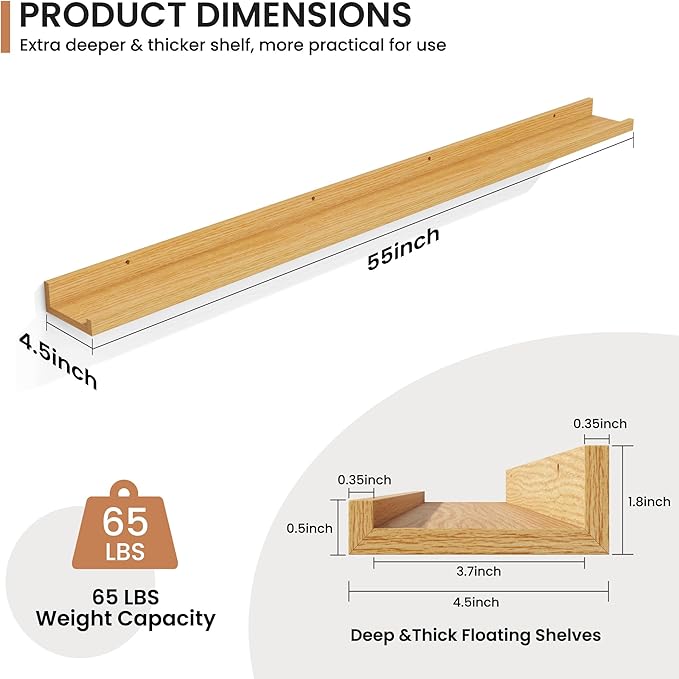 Fun Memories Picture Ledge Shelves Set of 2, 55 Inch Rustic Wall Mounted - Image 2