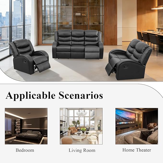 3-Piece Couch Living Room Furniture Sets, Sectional Recliner Sofa Set, Leather - Image 7