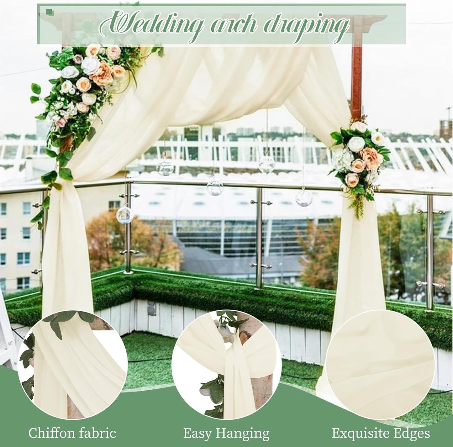 Wedding Arch Draping Fabric, 4 Panels 28" x20ft Ivory Wedding Arch Drapes, Sheer Chiffon Curtain Arbor Drapery Ceiling Drapes Sheer Backdrop Curtains for Wedding Ceremony Party Ceiling Decor