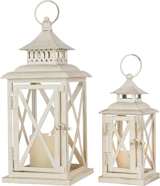 Lanterns Decorative Outdoor&Indoor, Set of 2 (14"&10") Beige Metal Lantern Decor with Glass, Candle Holder for Porch, Patio, Garden, Balcony, Wedding, Table Centerpiece