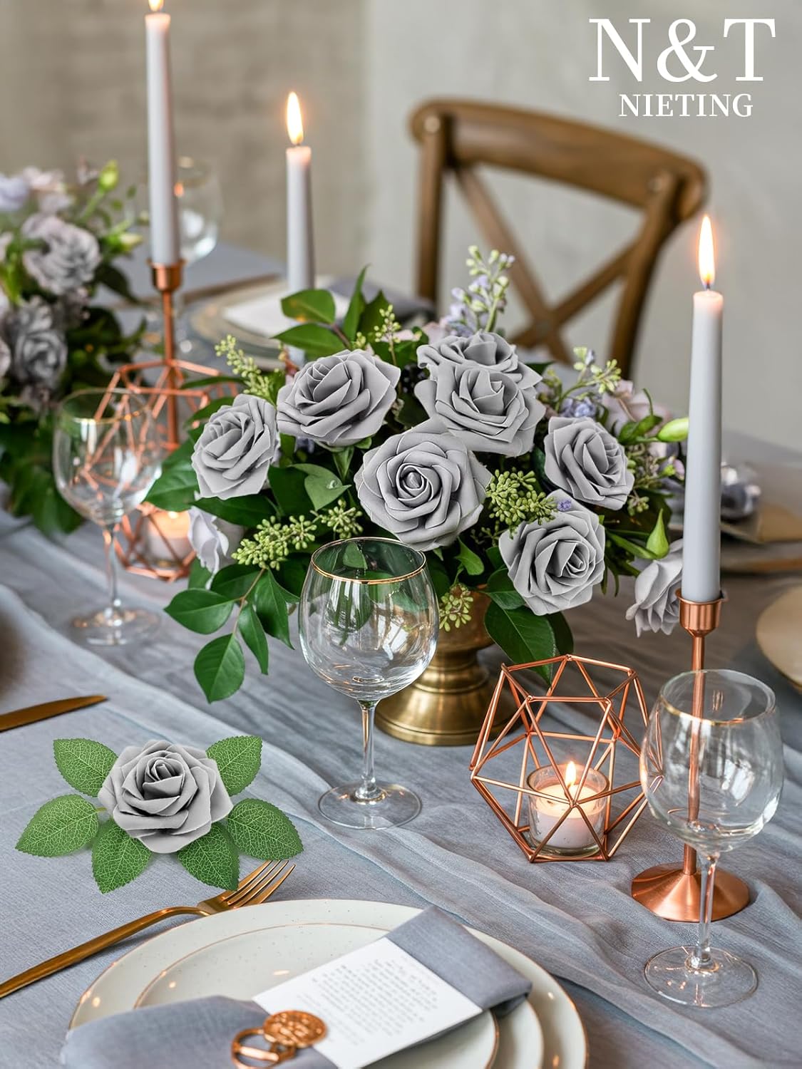 N&T NIETING Artificial Rose, 25pcs Gray Fake Foam Flowers with Stems for Wedding Party Baby Shower Cake Decoration, Home Display