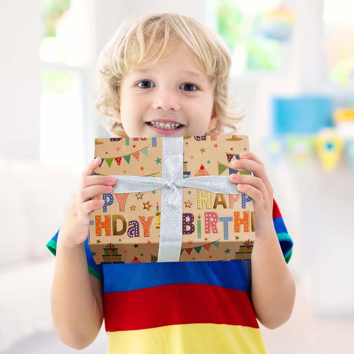 Aimyoo Colorful Birthday Wrapping Paper Roll - 17 Inch X 16.4 Feet - Gold Foil Happy Birthday Lettering, Cupcake & Flags Design Gift Wrap for Kids, Baby Showers