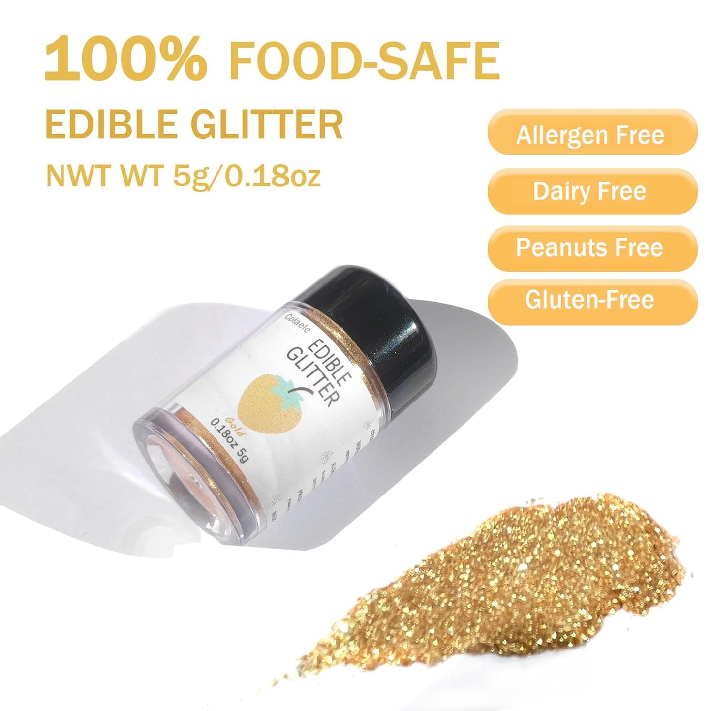 Gold Edible Glitter Glimmer Powder for Cakes Drinks - Colaele 5 grams Food Grade Luster Dust Metallic Food Decorating Sprinkle Disco Brew Dust for Cake Decorations Wine Beverage Candy Dessert, Vegan