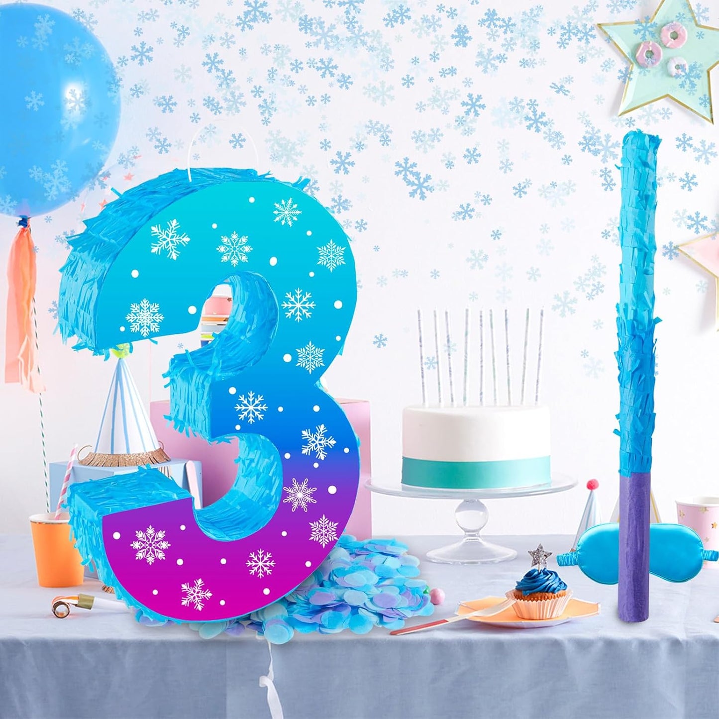 Snowflake Birthday Decorations, Winter Ice Snowflake Number 3 Pinata with Stick Blindfold and Confetti Snowflake Piñata 3rd Birthday Party Decoration & Supplies (Snowflake 3)