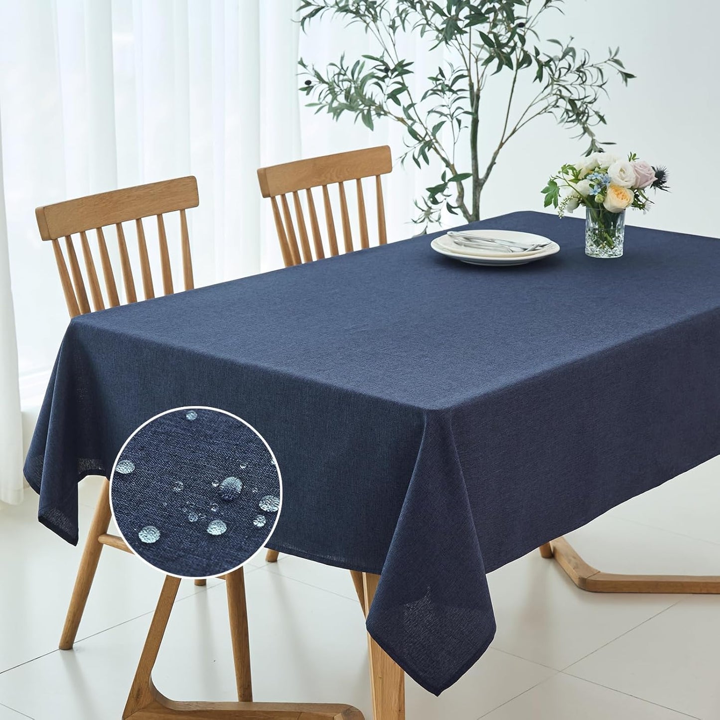 maxmill Linen Texture Tablecloth Water Resistant Antiwrinkle Spillproof Wipeable Washable Soft Fabric Table Cloth for Dining Room, Buffet Banquet Party Holiday, Rectangular 60 x 108 Inch, Navy Blue