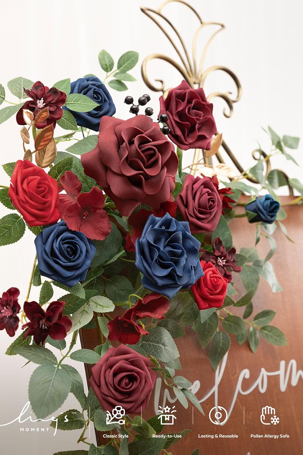 Ling's moment 2pcs Wedding Flowers Garland Artificial Floral Swag Arch Decorations Greenery Arrangements Burgundy & Navy Blue Ceremony Reception Garden Easel Wall Entryway Outdoor NOT Include Sign