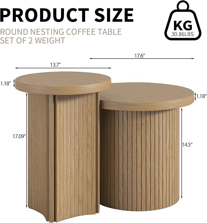 Set of 2 Nesting Coffee Tables Farmhouse, Round Coffee Tables Living Room - Image 2