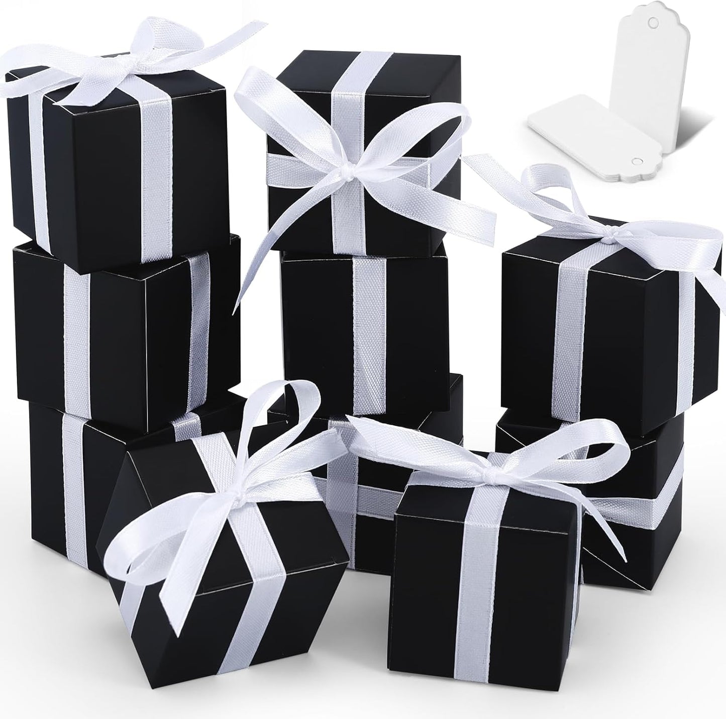 COCPOK 50 Pack Black Gift Boxes, 2x2x2 inch Gift Box, Small Candy Boxes with Lids and Ribbons, Paper Favor Box for Wedding Bridal Shower Baby Shower Birthday Party