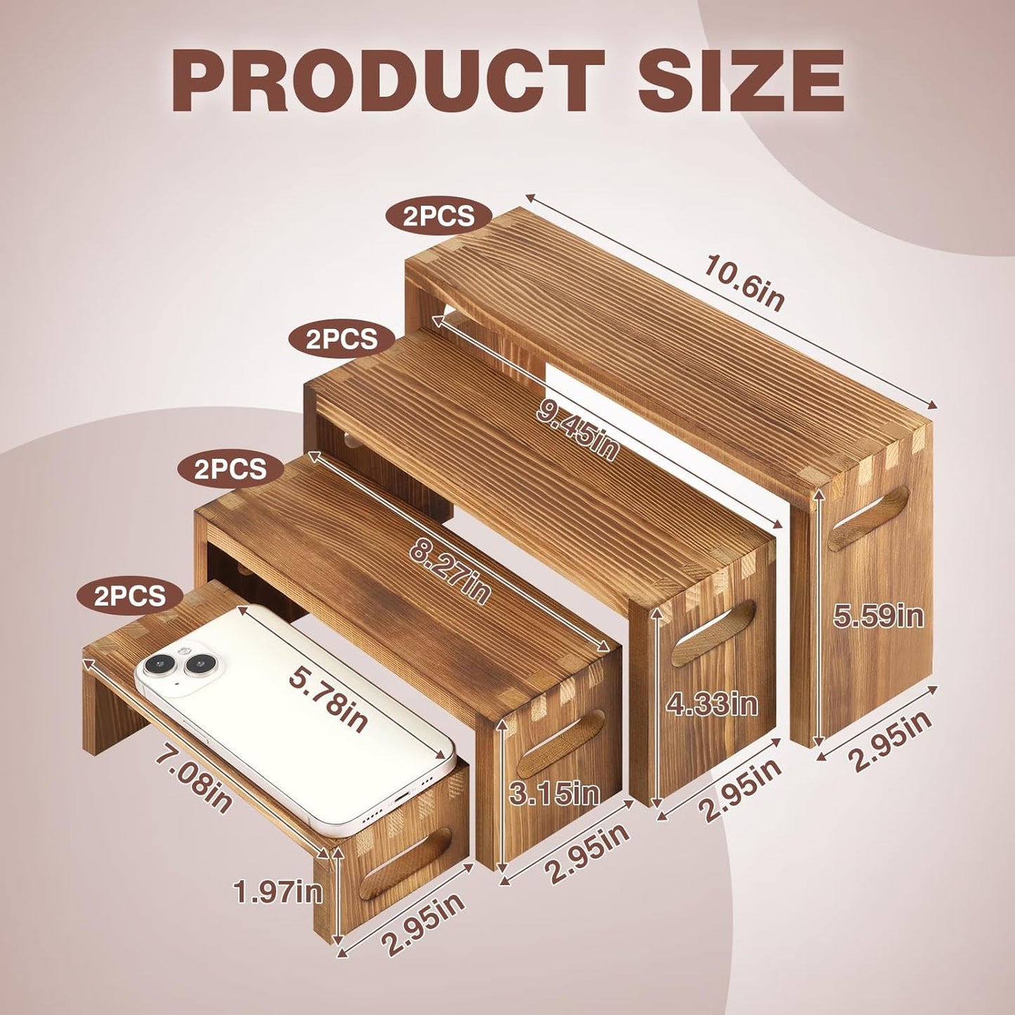 8 Pcs Wood Risers Display Stands, 2 Set Wooden Risers for Table Display, 4 Tier Rectangular Riser Display Stand Wooden for Cupcake, Desserts, Perfume, Collections, Jewelry Showcase