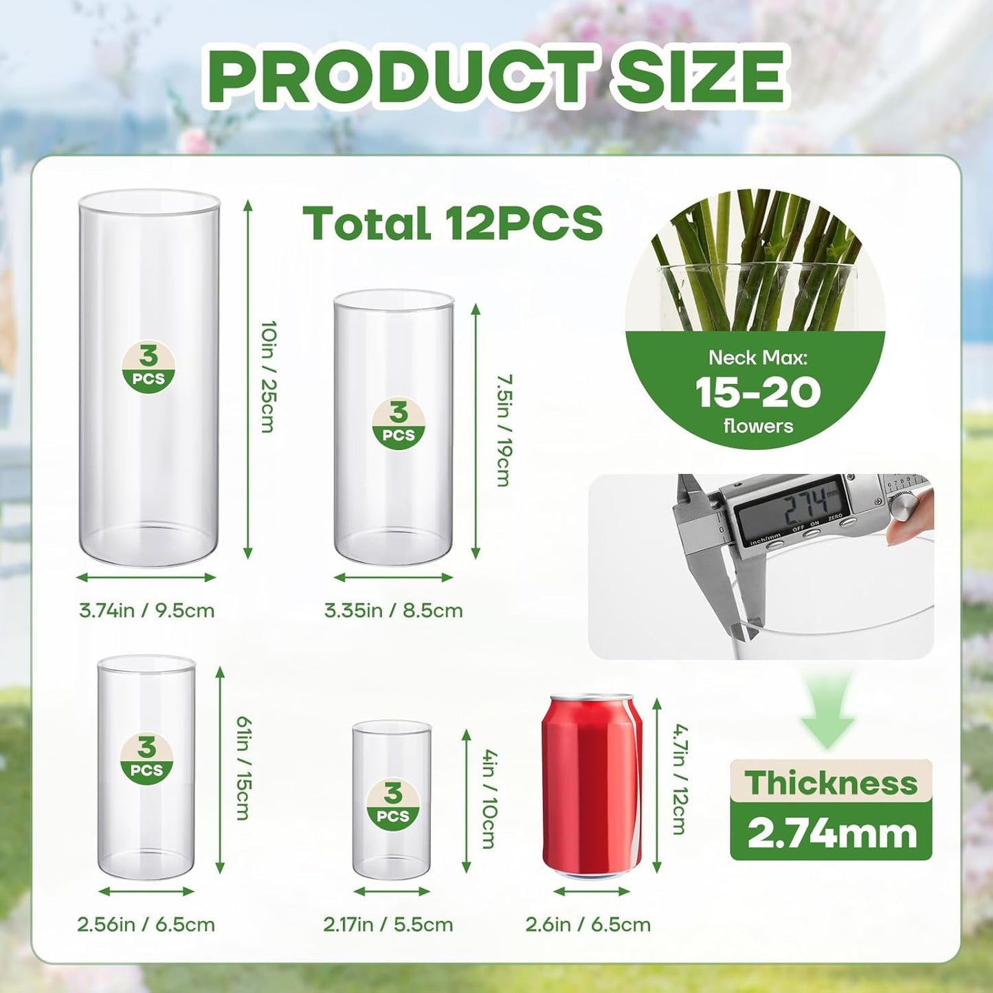 12pcs Clear Glass Cylinder Vases, 4, 6, 7.5, 10 Inch Tall Cylinder Vases for Centerpieces,Glass Flower Vase Hurricane Floating Candle Holder Vase for Table Shelf, Wedding, Party,Home & Office Decor