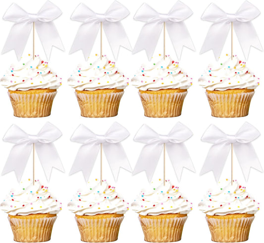 24 PCS Bow Cupcake Toppers Bowknot Cake Toppers Bow Cupcake Picks Bowknot Birthday Party Decorations Bow Cake Dessert Picks for Wedding Bridal Engagement Baby Shower Birthday Party Supplies White
