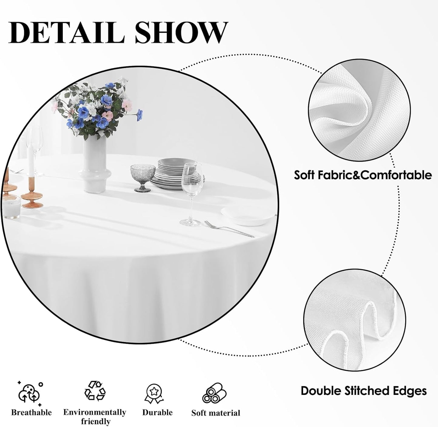 Round Tablecloth 6 Pack 108 Inch White Tablecloths Washable Decorative Linen Polyester Table Clothes Cover for Dining Table Banquets Buffet Parties and Wedding