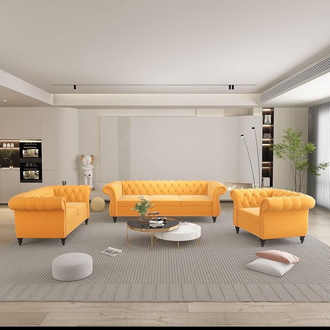 AVZEAR 3 seat Sofa, Velvet Sofa Living Room Large Sofa Modern Chesterfield - Image 4