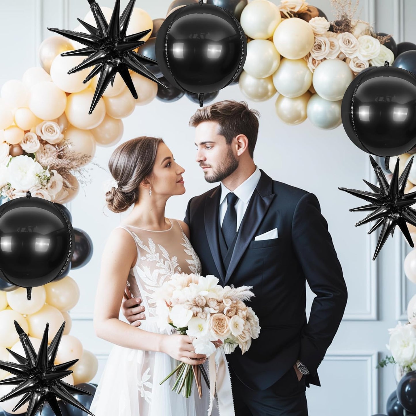 6Pcs Black Foil Balloons,22Inch Black 4D Round Ball Balloon and Explosion Star Balloon for Birthday Wedding Baby Shower Anniversary Graduation Decorations