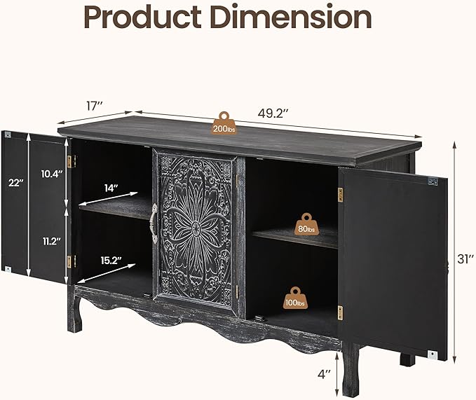 RoyalCraft Buffet Cabinet with Storage, Vintage Solid Wood Sideboard with 3 - Image 2