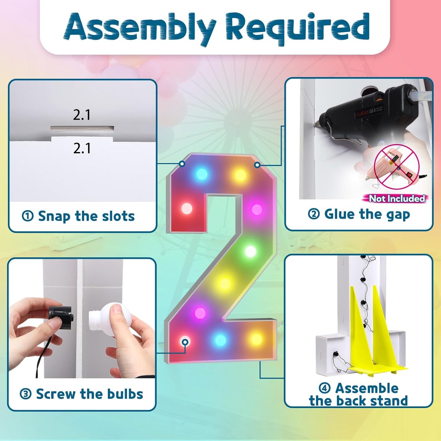 imprsv 4FT Colorful Marquee Numbers,18 Colors Number 2 with Remote, Light Up Numbers Sign for 20th Birthday Decorations Anniversary Party Decor, Pre-Cut Foam Board Kit, Mosaic Sign for Balloon