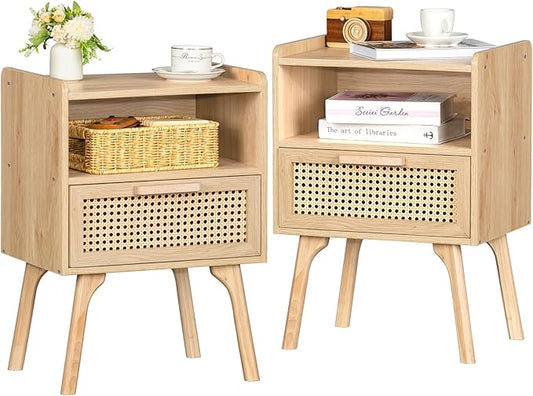 Lerliuo Rattan Nightstands Set of 2, Boho Side Table by Lerliuo