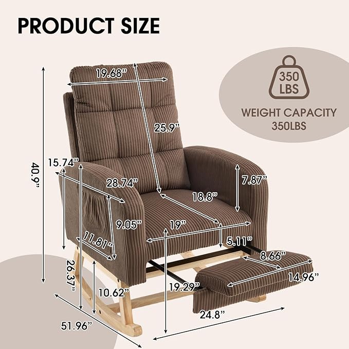 NIOIIKIT Nursery Rocking Chair, Corduroy Upholstered Rocking Chair - Image 2