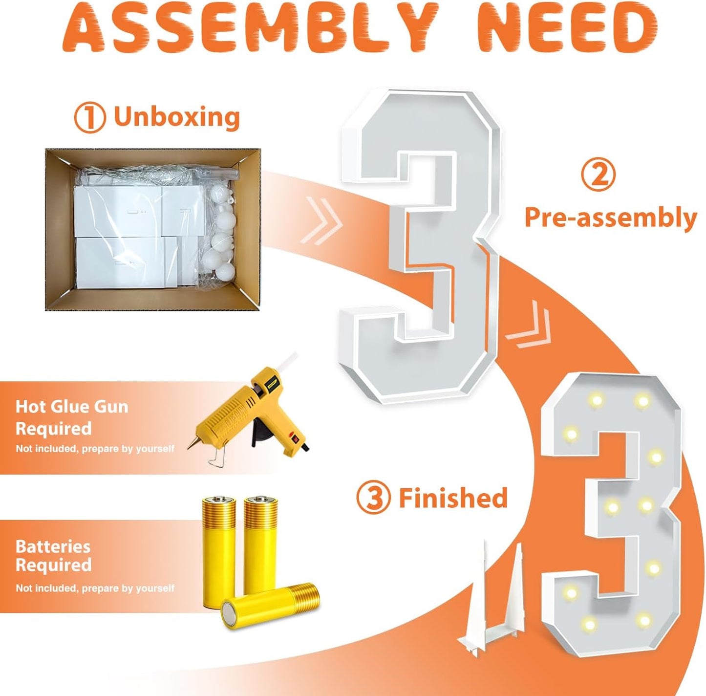 4FT Light Up Numbers 3, 47 inch Tall Marquee Numbers, DIY Marquee Light Up Numbers for 3rd 13th 30th Birthday Party Backdrop Displays, Mosaic Number Sign for Balloons Party, Anniversary