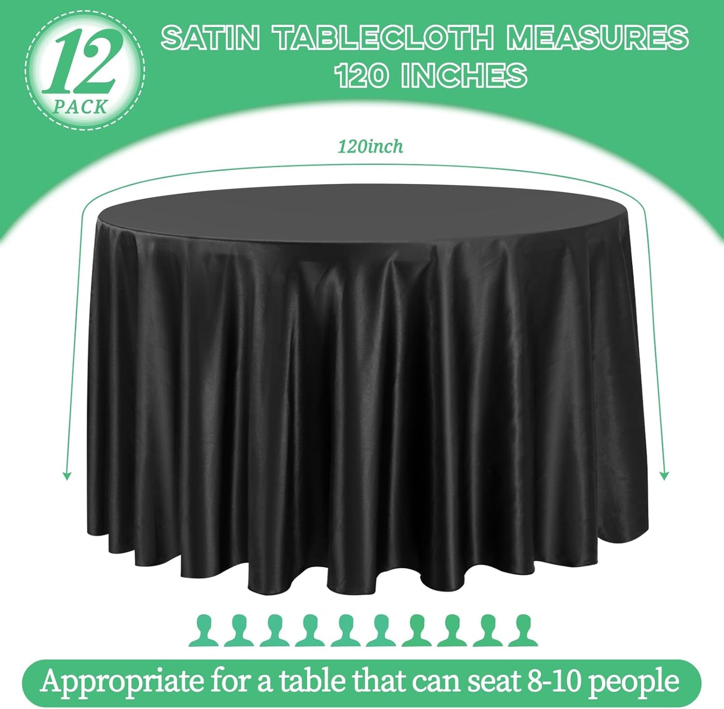 fani 12 Pack 120 Inch Black Satin Tablecloth - Premium Bright Silky Round Tablecloth Overlay Smooth Fabric Table Cover, Table Decoration for Wedding Party Banquet Events Restaurant Kitchen Dining