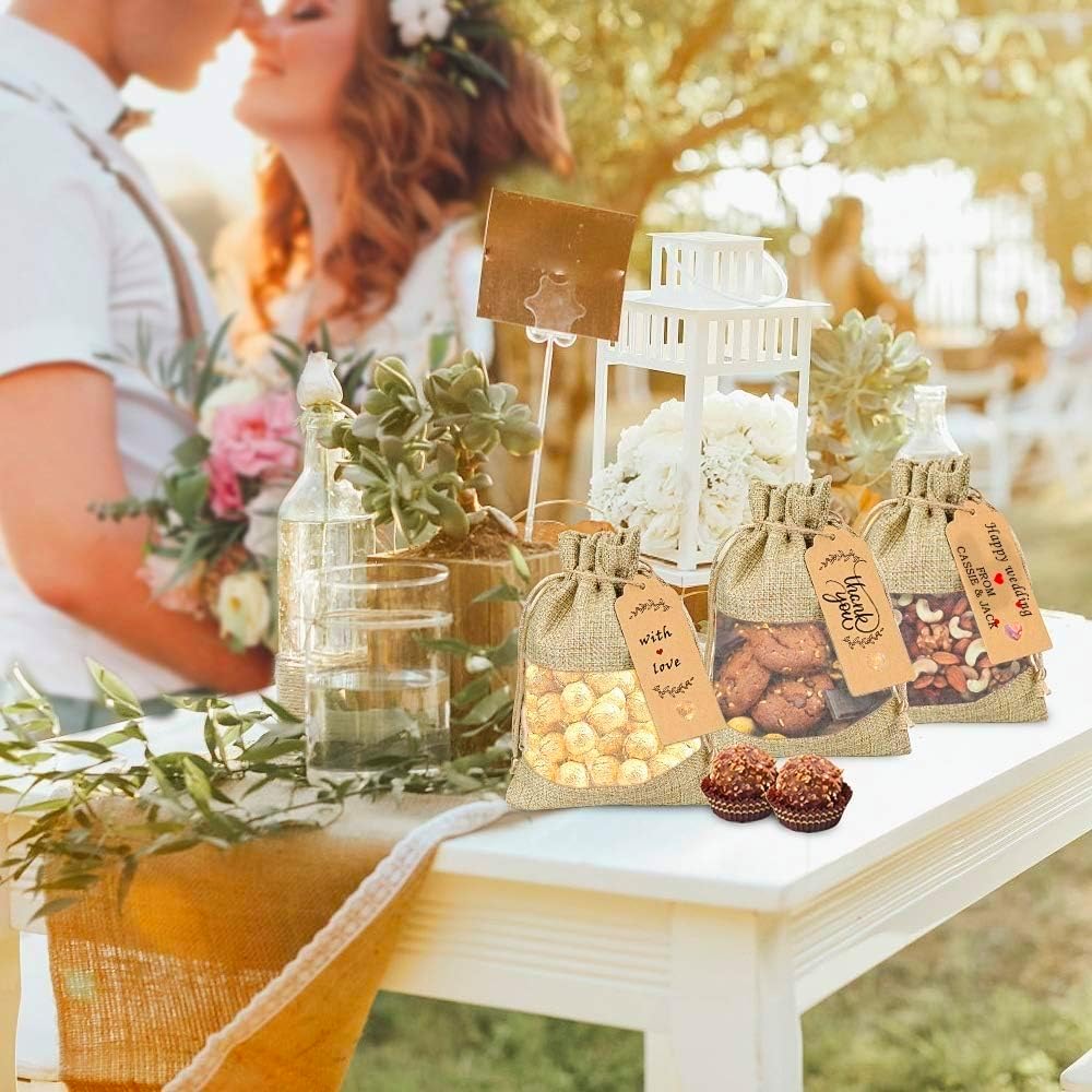 GIOIPC 50Pcs 8 x 12 Inch Linen Burlap Sheer Bags with Drawstring and Bonus Gift Tags for Wedding Birthday Bag,Craft Bags,Cosmetic Samples