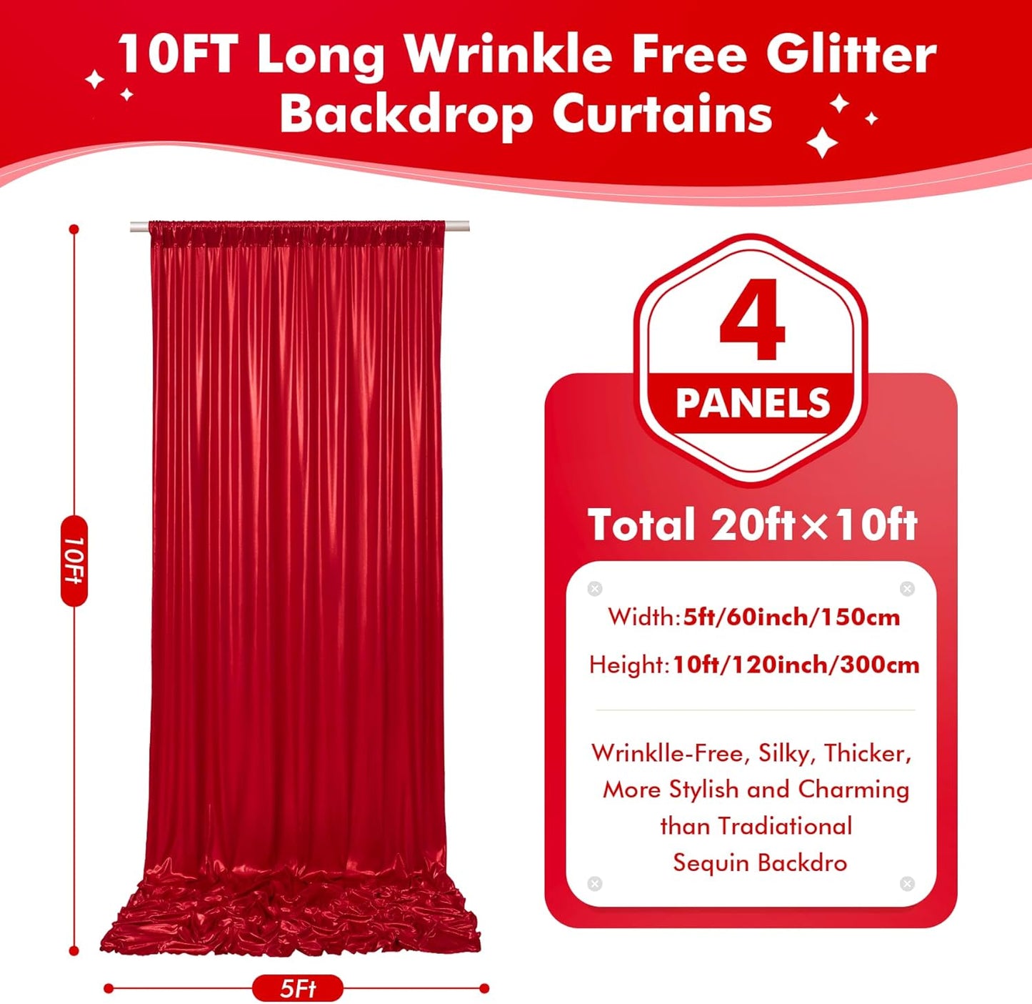 20x10ft Shimmer Red Sequin Backdrop Curtain for Parties, Thick Wrinkle Free Glitter Backdrop Drapes Photo Back Drop Curtains for Birthday Wedding Christmas Photography Background-4 Panels 5x10ft