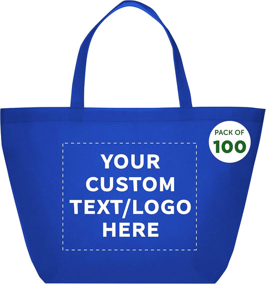 DISCOUNT PROMOS Custom Southern Style Grocery Tote Bags Set of 100 - Personalized Bulk Pack, Reusable Grocery & Shopping Bags - Great for Travel, Carry on Bag, Business Promotions - Blue - 20"X13"X8"
