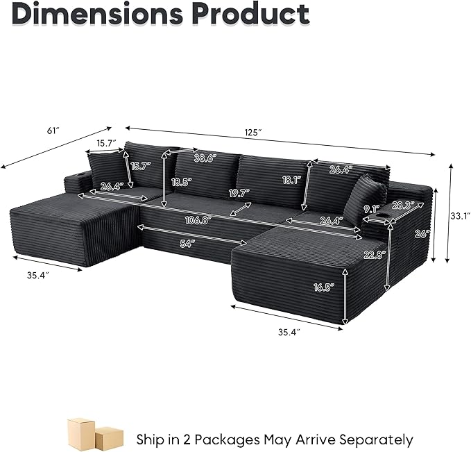 125 Inch Modular Sectional Sofa, Cloud Couch Oversized U Shaped Corduroy Sofa - Image 2
