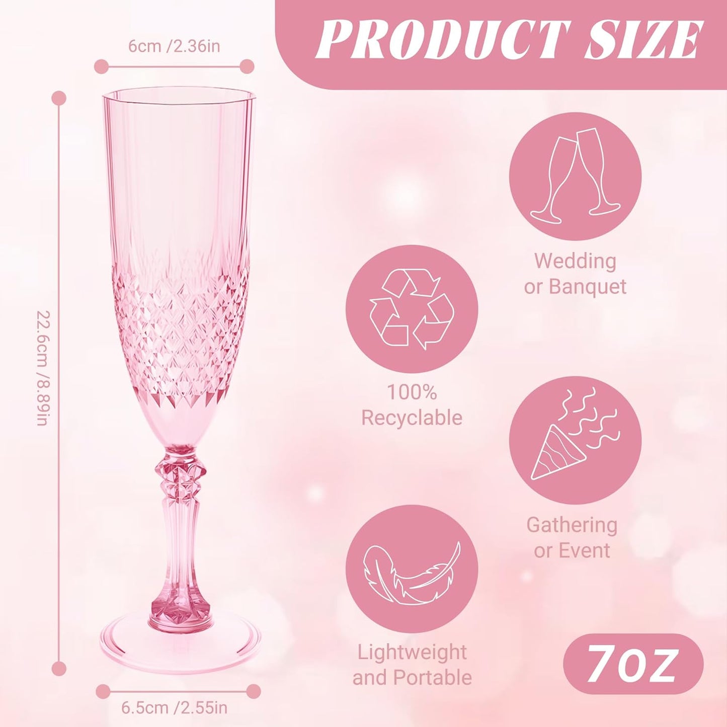 Plastic Champagne Flutes, 12PCS Pink Wine Glasses Goblets Cups Reusable Flute, for Weddings Bachelor Parties Toasting and Events(12, Pink)