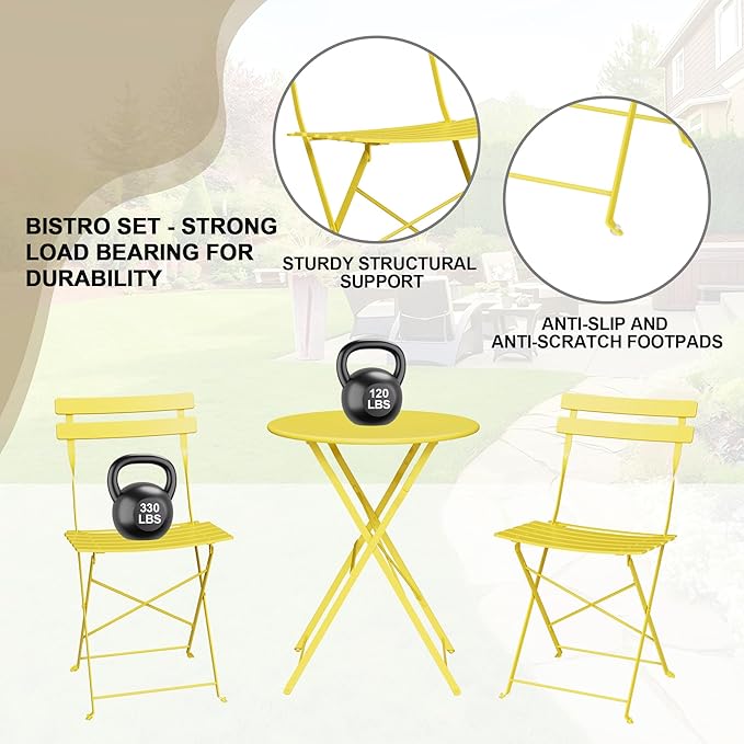 Bistro Table and Chairs Set of 2, 3 Piece Outdoor/Indoor Folding Patio Bistro - Image 4