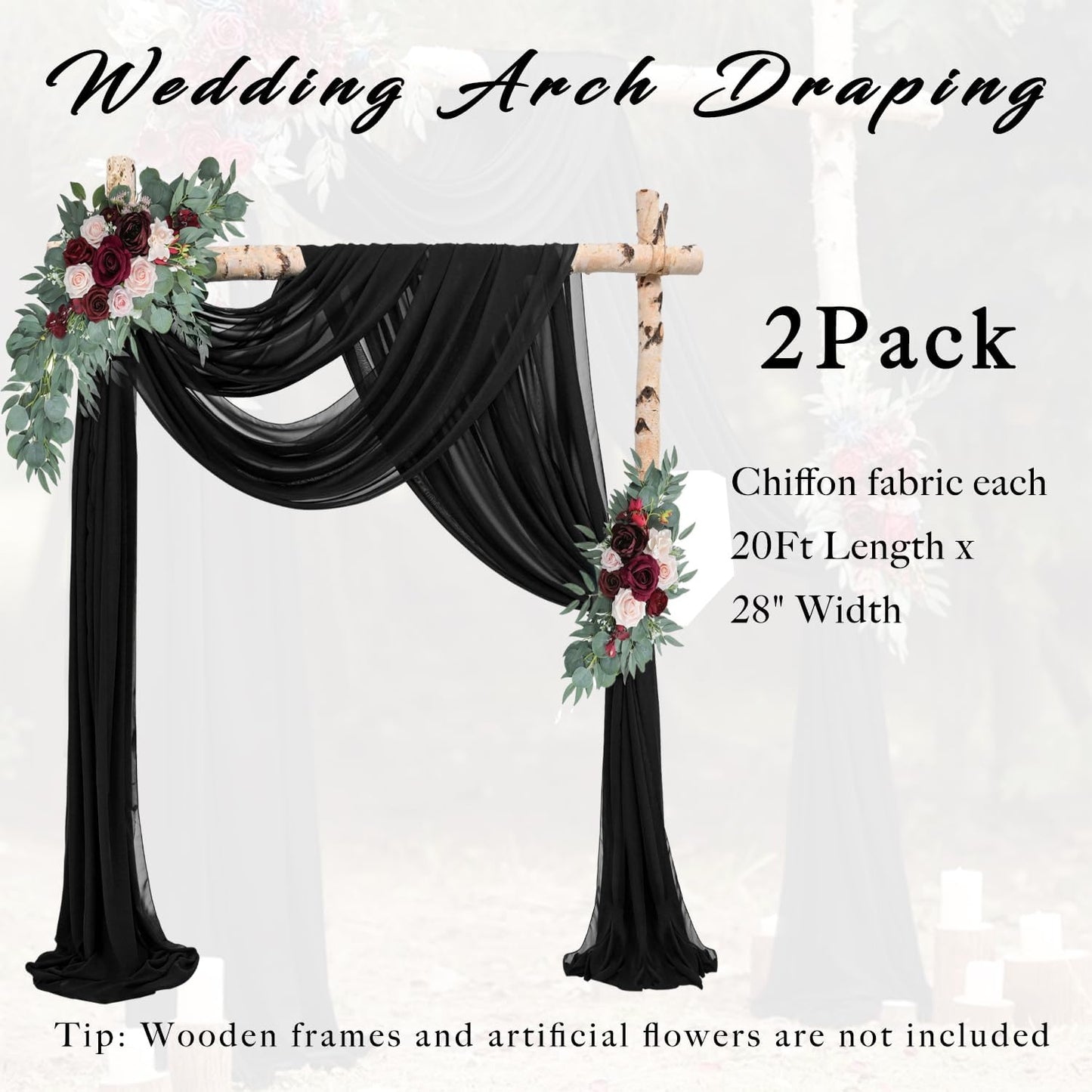 20Ft Length x 28" Width 2 Panels Wedding Arch Draping Fabric Black Arch Drapes Chiffon Fabric Sheer Curtains Backdrop for Party Decor Wedding Bridal Ceremony Ceiling Stage Reception Decorations