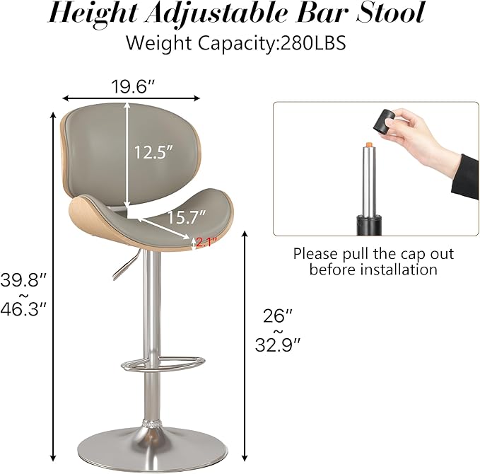 KCC Bar Stools Set of 3, Swivel Adjustable Height Barstools, PU Leather - Image 2