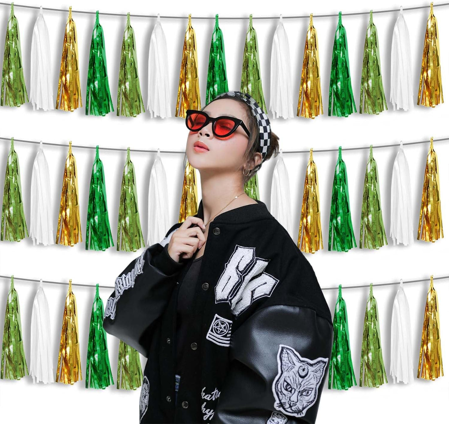 3P Metallic Fringe Tassel Banner Garland Foil Tinsel Streamer Wall Hanging Curtain Backdrop Banners for Parade Floats, Graduation Decorations, Woodland Party Decoration(Sage-Green Gold)