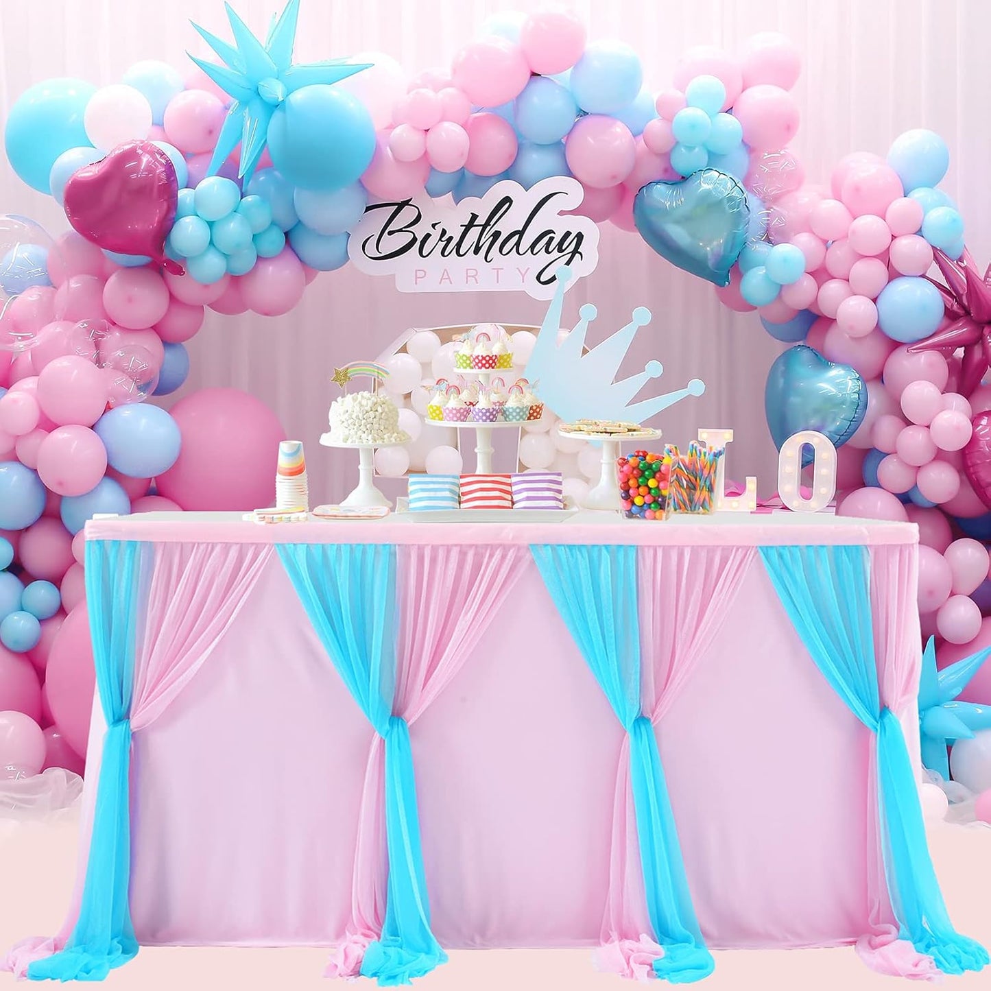 9ft Pink and Blue Gender Reveal Table Skirt for Baby Shower Boy or Girl Tulle Tutu Table Cloths Cover for Birthday Party Wedding Dessert Buffet Banquet Table Decorations