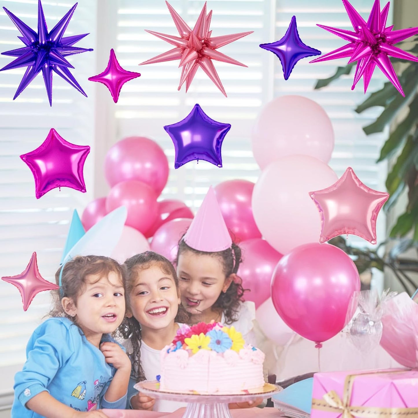16 Pcs Hot Pink Purple Star Balloons, 22/18/10 Inch Foil Balloons, Four-Pointed Balloon for Girl Princess Birthday Wedding Baby Shower Party Decorations