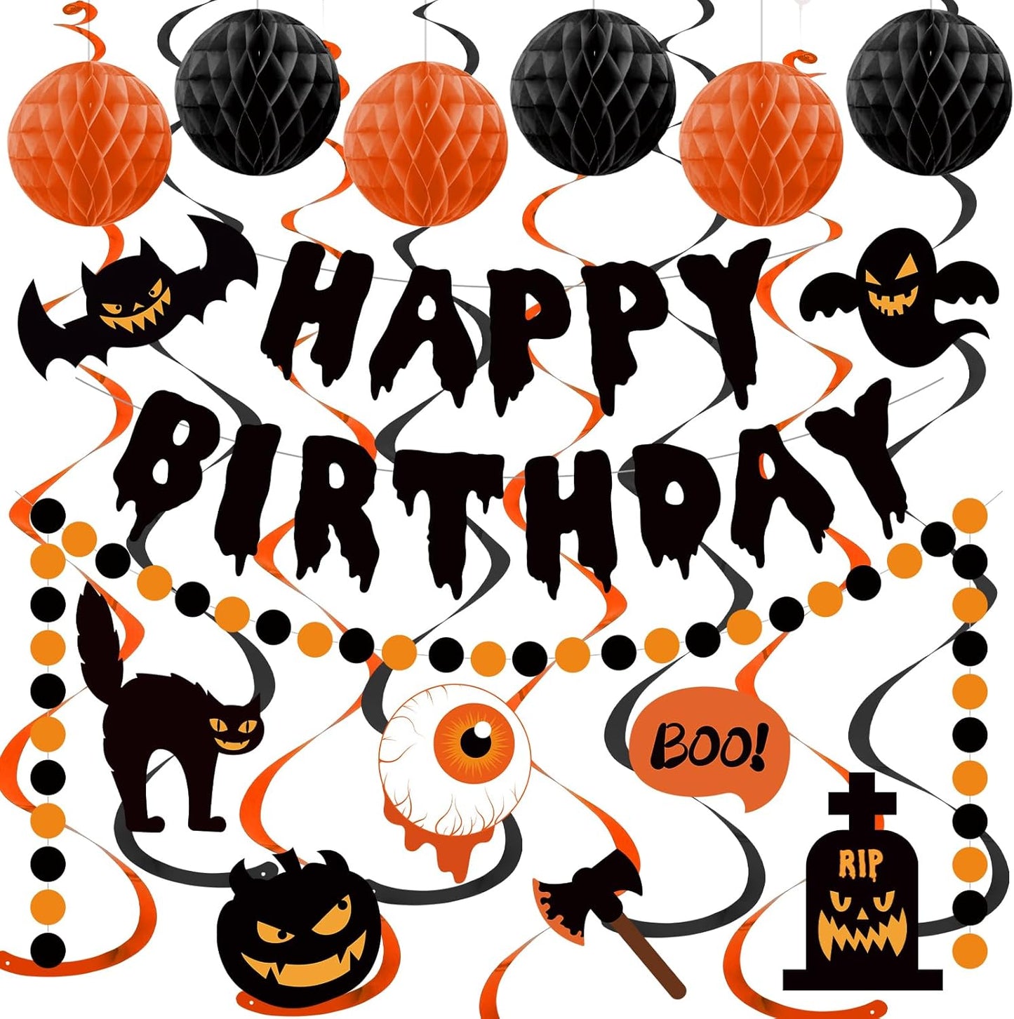Halloween Birthday Decorations, Happy Birthday Banner for Halloween Party, Kid's Party Decorations with Honeycomb Balls, Hanging Swirl Streamers, Circle Dot Garland