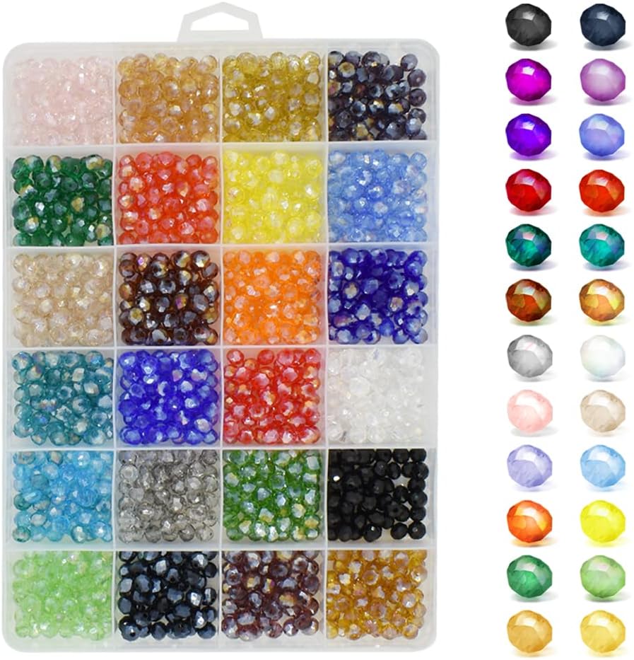 6mm 1200Pcs Briolette Faceted AB Crystal Glass Beads 24 Colors Rondelle Shape for Jewelry Making Bracelets Necklaces DIY Craft Decorative