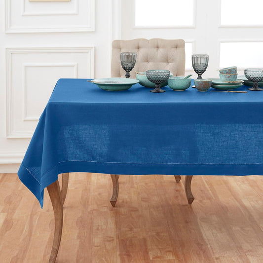 Solino Home Linen Indigo Blue Tablecloth 60 x 132 Inch - Classic Hemstitch, 100% Pure Linen Rectangular Tablecloth - Machine Washable Table Cloth for Fall, Autumn
