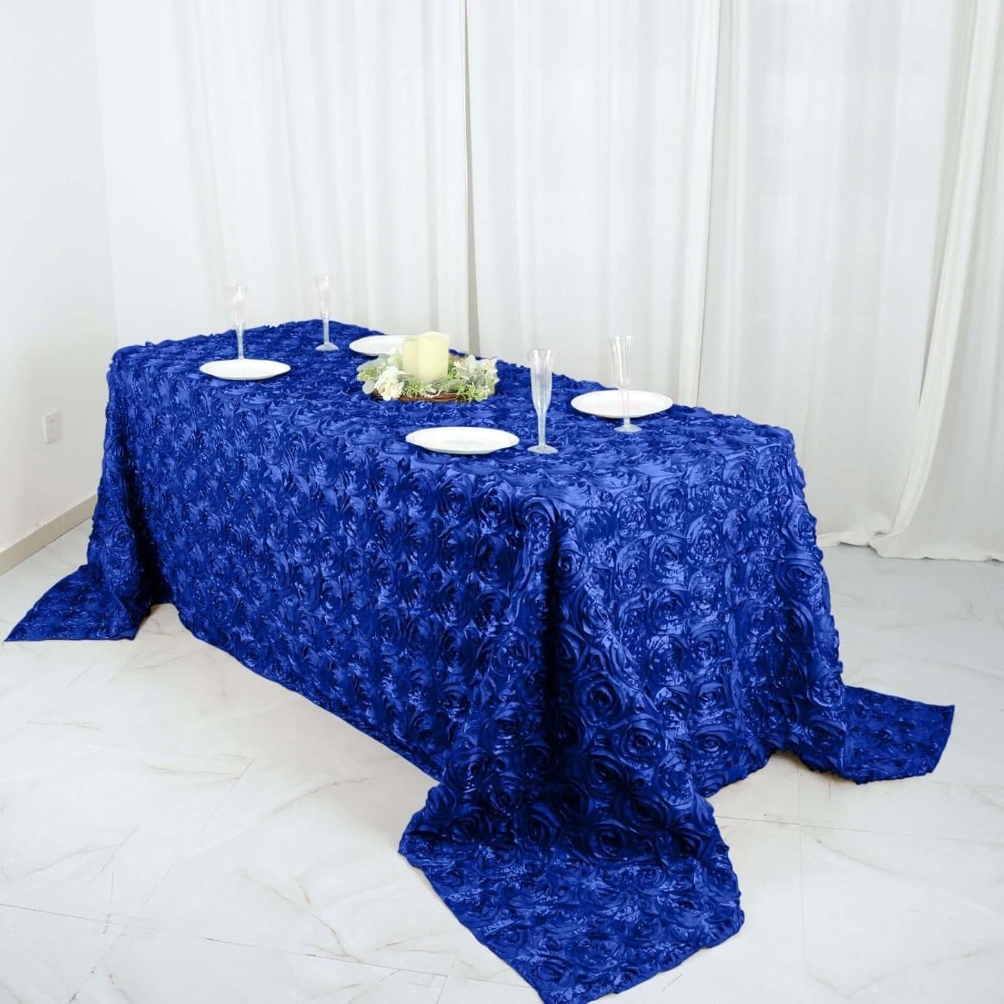 Efavormart 90"x132" Wholesale Rectangle Table Cover Royal Blue Grandiose Rosette 3D Satin Tablecloth for Wedding Party Event
