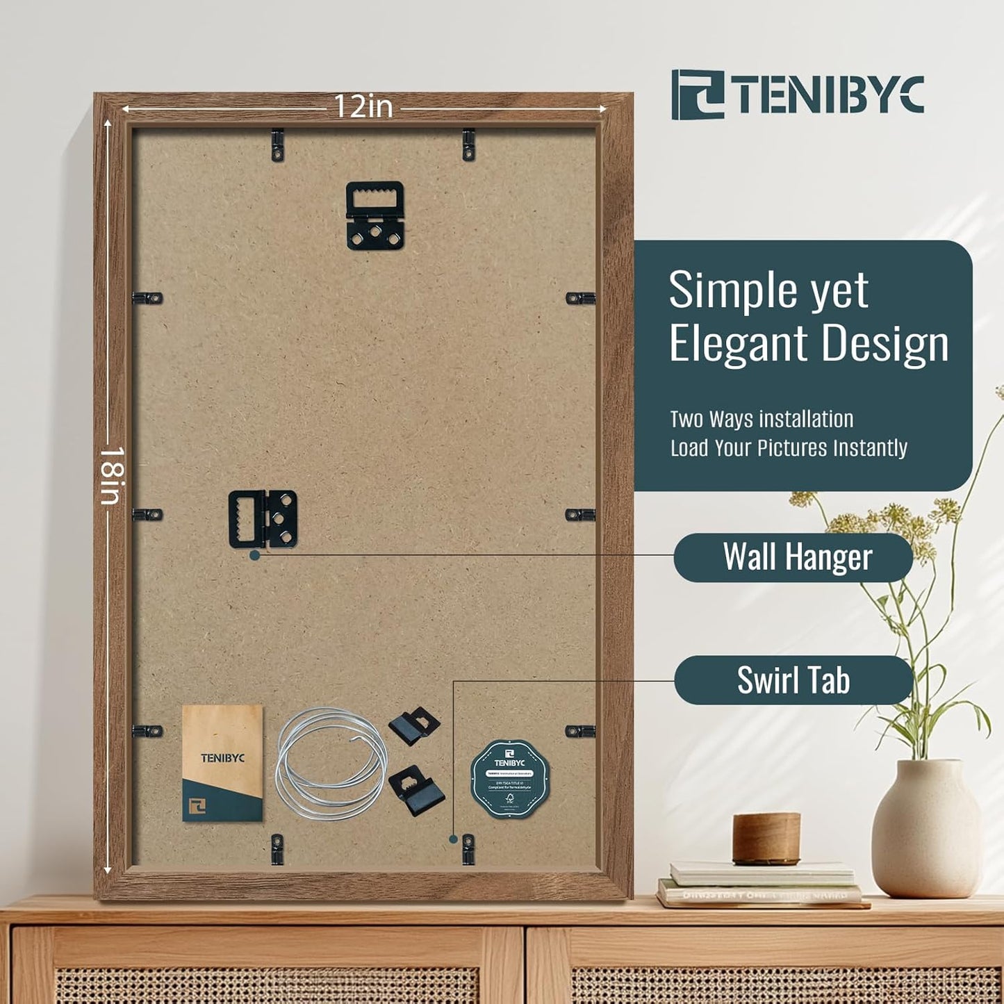 12x18 Frame Set of 4, Brown Grain, Walnut Wood & HD Tempered Glass, 12x18 Poster Picture Frame, Vertical & Horizontal Wall Hanging