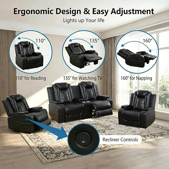 Power Recliner Sofa Set with LED Lights, Includes 2 Manual Recliner 1 Seat and - Image 2