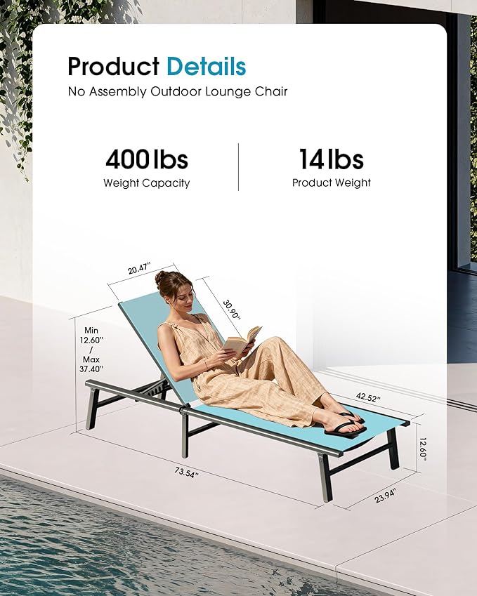 Ciokea Foldable Outdoor Lounge Chair, No Assembly Patio Chaise Lounge Outdoor - Image 2