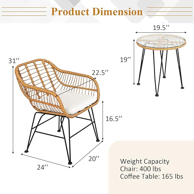 Tangkula 3 Pieces Patio Bistro Set, Rattan Conversation Set - Image 5