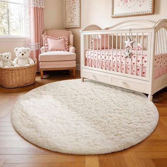 Ophanie Round Rug 4Ft Ivory Circle Area Rugs, Fluffy Fuzzy Small Bedroom Carpet by Ophanie