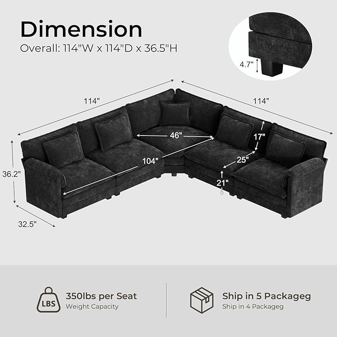 ELUCHANG 114" Oversized V-Shaped Cloud Couch Modular Sectional Sofa - Image 2