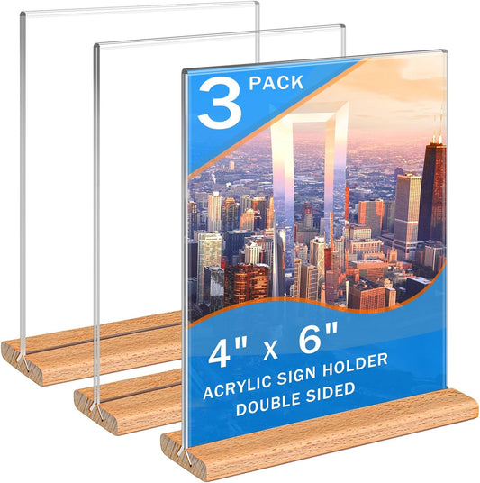 Kersally Acrylic Sign Holder 4 x 6, 3 Pack Double-Sided Clear Table Display Stands with Wood Base,Vertical Acrylic Frame Menu Flyer Paper Holder for Stores, Restaurants, Hotels, Office, Show Fair
